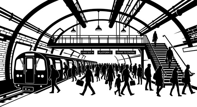 Busy underground metro station with crowds of people boarding trains silhouette