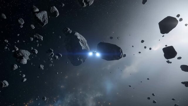 In a fully drawn space environment, a spaceship is flying through an asteroid field while avoiding boulders and trash.