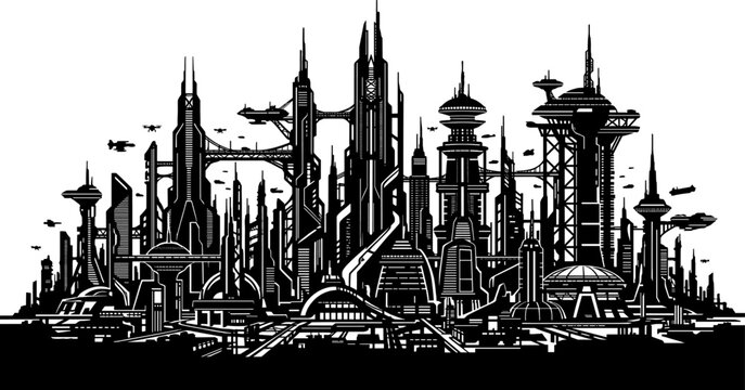Complex sci-fi megalopolis silhouette with high-tech architecture and sky bridges