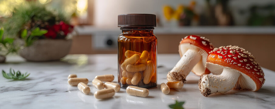 Psychedelic Mushrooms and Capsules on a Marble Surface