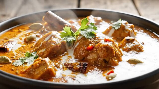 Delicious bowl of flavorful meat curry garnished with cilantro and spices for savory dining experience