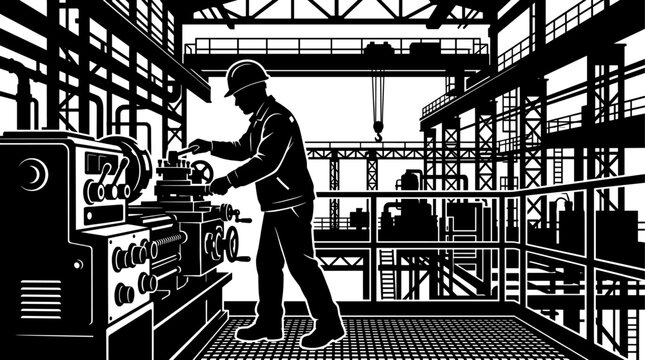 Factory worker operating a lathe machine silhouette