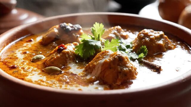 Close-up of a bowl of spicy Indian chicken curry garnished with cilantro in natural lighting