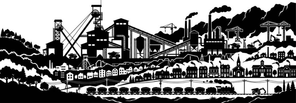 Industrial mining town landscape with train and heavy machinery