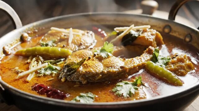 delicious traditional fish curry simmering in a rustic pan with fresh herbs and spices