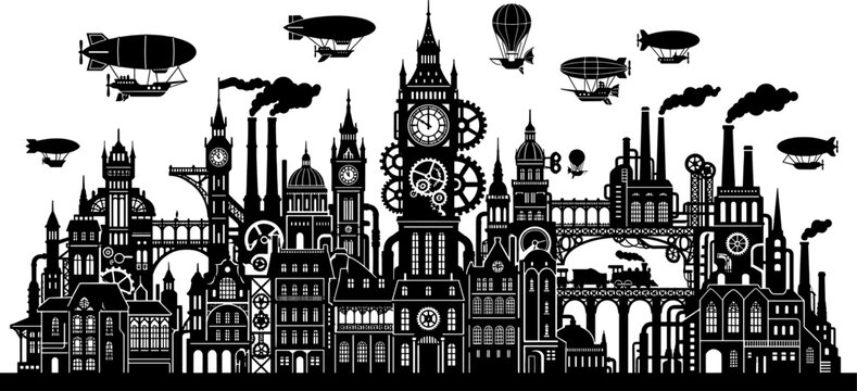 Industrial steampunk cityscape with clock towers and gears silhouette