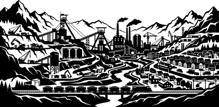 Large scale open pit mine silhouette with mountains excavators and freight train