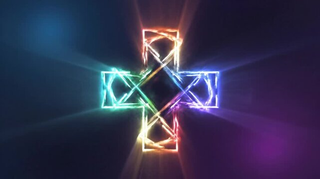 Abstract Glowing Plus Sign Icon with Neon Rainbow Light Rays and Particles Effect on Dark Background