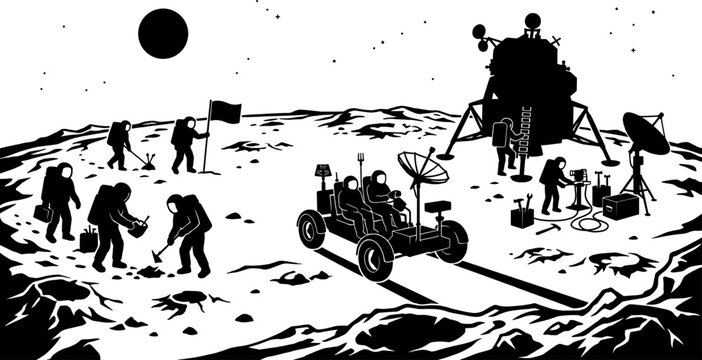 Lunar mission scene with astronauts working near a lander and rover