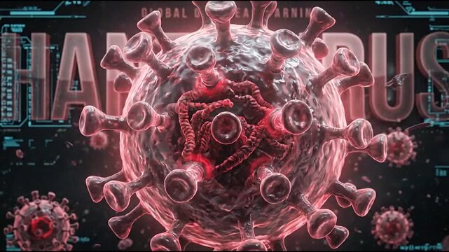Glowing Hantavirus cell with prominent scientific text display.