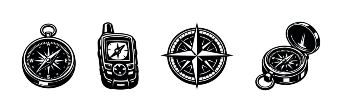 Collection of vintage and modern compasses and navigation devices for outdoor adventures