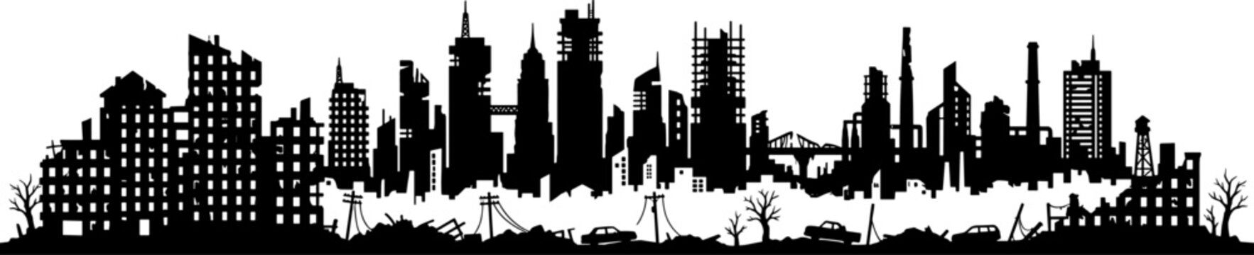 Silhouette of a devastated city skyline with crumbling skyscrapers
