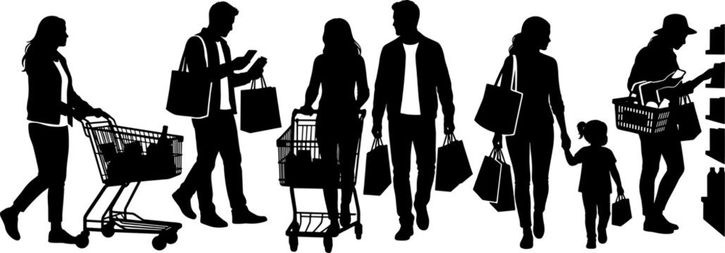 Shoppers with carts and bags in a supermarket or mall