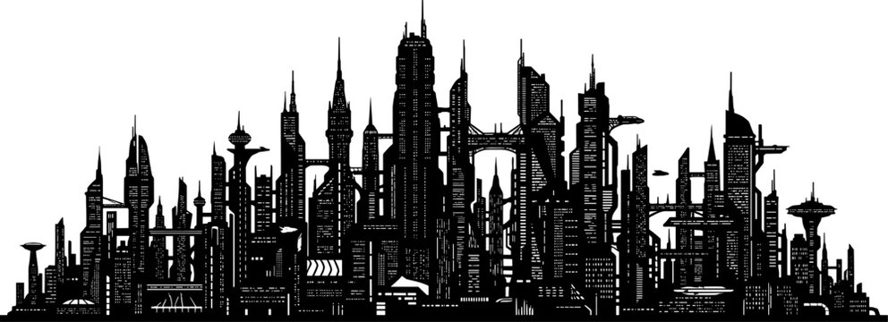 Sprawling megacity silhouette with intricate skyscraper designs
