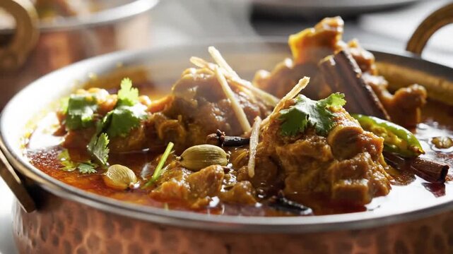 Flavorful Indian Lamb Curry simmering in a copper pot with fresh herbs and spices