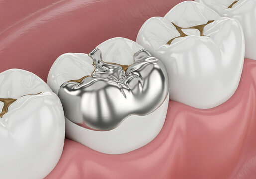 Close-up of a human molar tooth with a shiny metallic dental inlay restoration for cavity treatment and repair