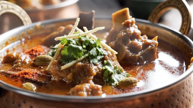 Close-up view of a savory bowl of spicy Indian curry garnished with fresh herbs and seeds