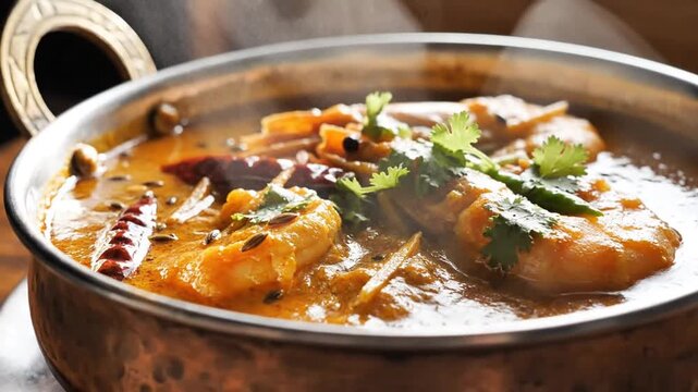 Close-up of flavorful Indian chicken curry garnished with coriander in a traditional copper pot