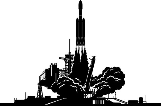 Vertical rocket liftoff from a launchpad with billowing smoke clouds