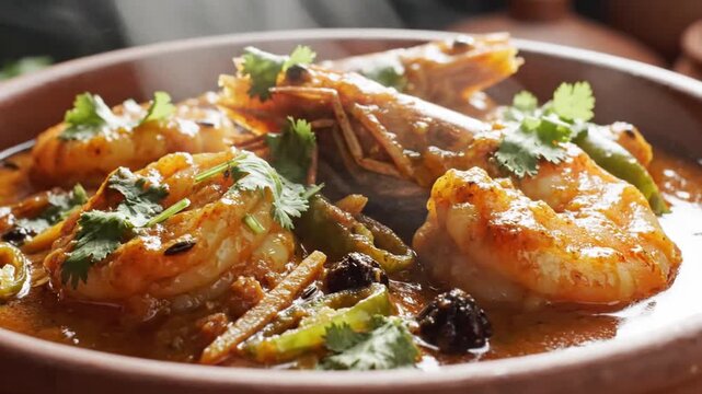 Close-up of a delicious shrimp and vegetable stew garnished with cilantro in a rustic bowl