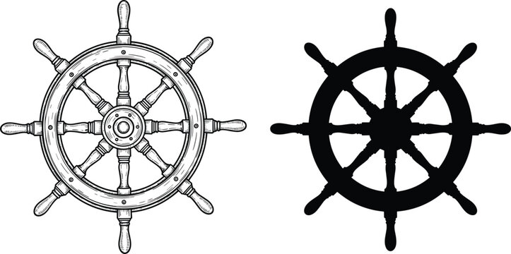 Vintage nautical steering wheel vector illustration featuring engraved maritime helm symbols for ocean navigation and seafaring themes