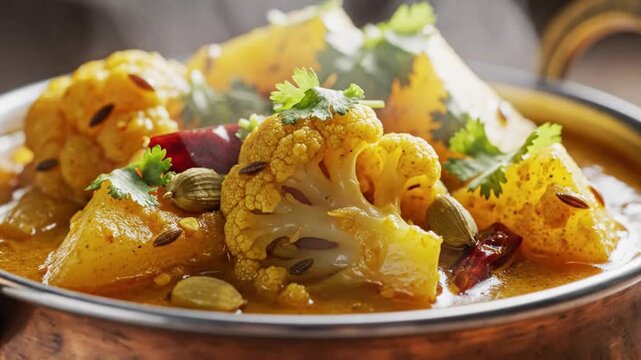 Vibrant colorful vegetable curry dish with cauliflower potatoes and herbs served in a traditional bowl