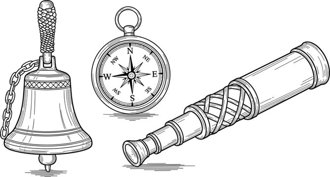 Vintage Navigation Equipment Vector Illustration Featuring Maritime Bell Compass and Antique Telescope Engraved Exploration Accessories Collection