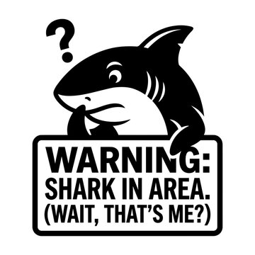Funny cartoon shark with question mark and warning sign.