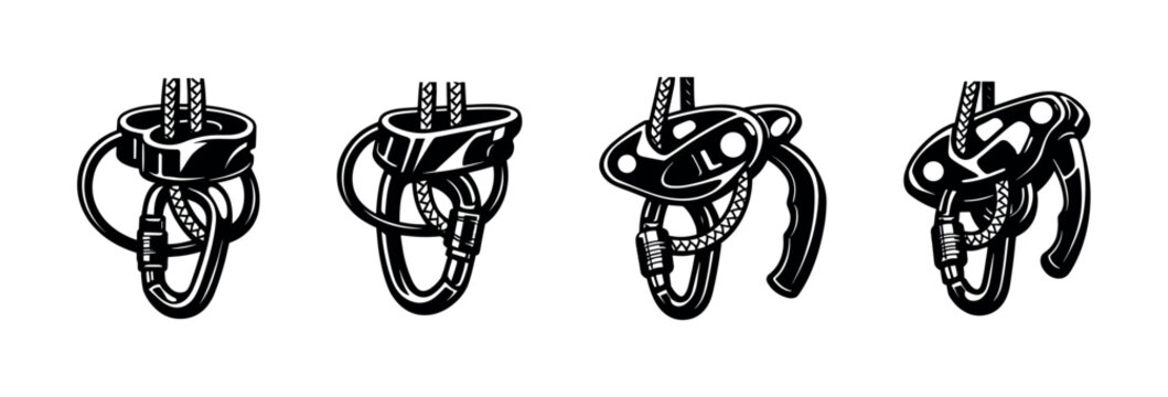 Climbing ascender and descender devices with carabiners and ropes