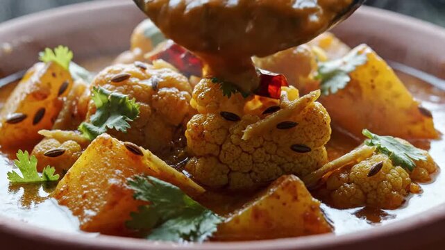 Step-by-step preparation of spicy vegetable curry with cauliflower and tofu in a traditional culinary process
