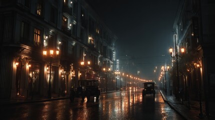 Fototapeta premium Dim city street at night, illuminated street lamps, dark building facades, moody urban atmosphere, wide outdoor cityscape background