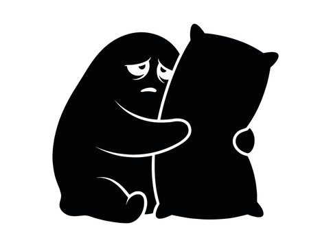 Sad cartoon character hugging pillow feeling lonely.