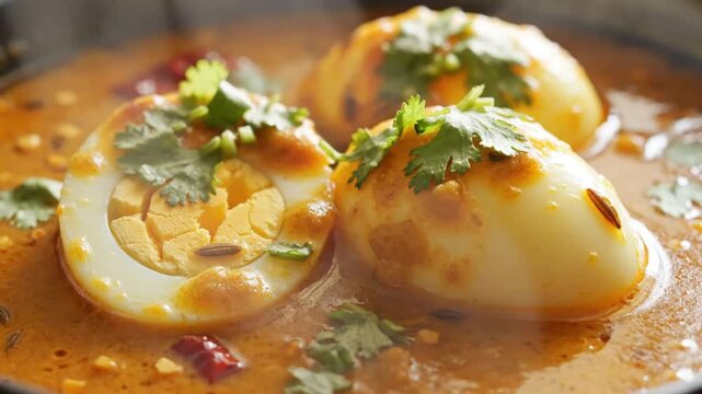Close-up of spicy curry dish with hard-boiled eggs garnished with herbs in a rich, flavorful sauce