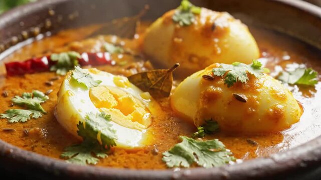 Rich flavorful eggs cooked in a spicy sauce garnished with fresh herbs and aromatic spices served on a rustic clay plate