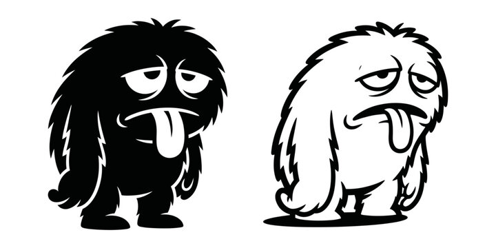 Sad Fluffy Monster with Tongue Out Black and White.