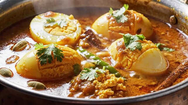 Delicious Spicy Egg Curry Served in a Traditional Copper Vessel with Fresh Herbs