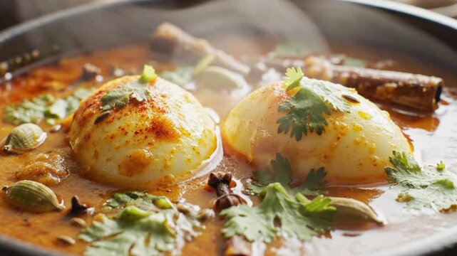 Close-up of spicy steaming curry with boiled eggs and fresh herbs in a traditional dish