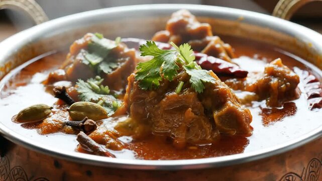 Close-up of a flavorful spicy Indian mutton curry with fresh coriander and whole spices in a traditional metal bowl