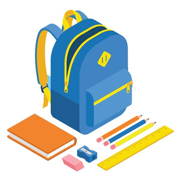 Back To School Icon, Blue Backpack With Zippers And Stationery Items, Colorful Flat Style, Vector Icons, Symbol Collection, Isolated Graphic