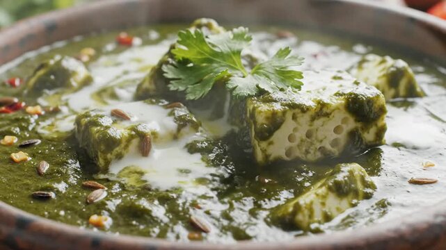 Close-up view of traditional Indian green curry with paneer garnished with cilantro and spices in a rustic bowl depicting