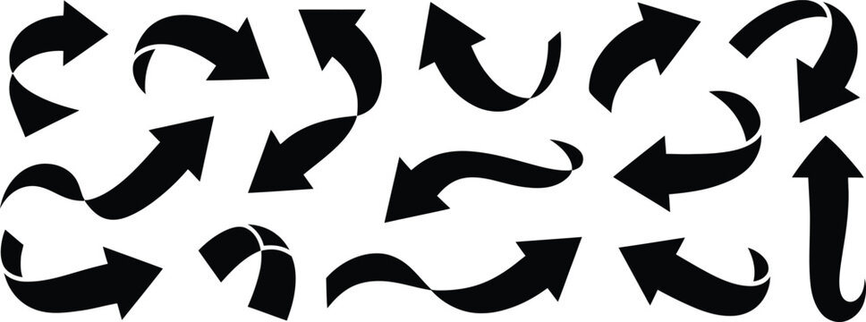 Curved twisted arrows collection, abstract directional flow icons, dynamic motion vector set for infographic, design, navigation graphics