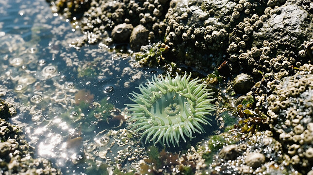 Green sea anemone in tidal pool surrounded by rocky shore  