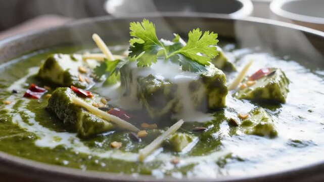 Close-up of a traditional Indian curry dish with vibrant green gravy garnished with fresh herbs