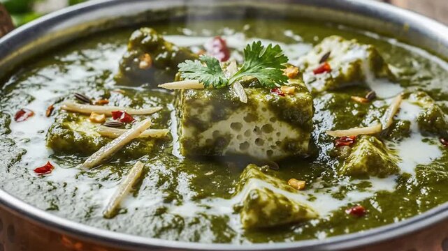 Traditional Indian spinach and cheese curry served in a decorative copper bowl vibrant and fresh