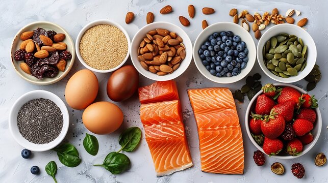 Clean keto foods isolated white background perfect spacing high key lighting minimal stock style