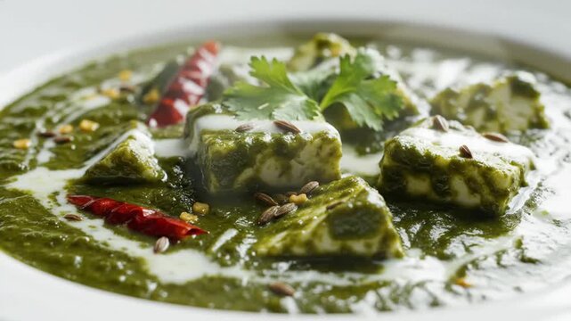 Close-up of a traditional Indian green curry dish garnished with herbs and spices in a white bowl