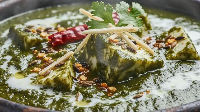 Authentic Indian Spinach and Paneer Curry Cooking Process with Fresh Herbs and Spices