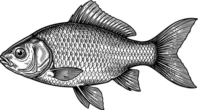 Detailed common carp fish illustration in woodcut style