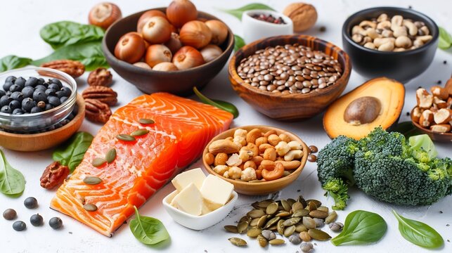 Clean keto foods isolated white background perfect spacing high key lighting minimal stock style