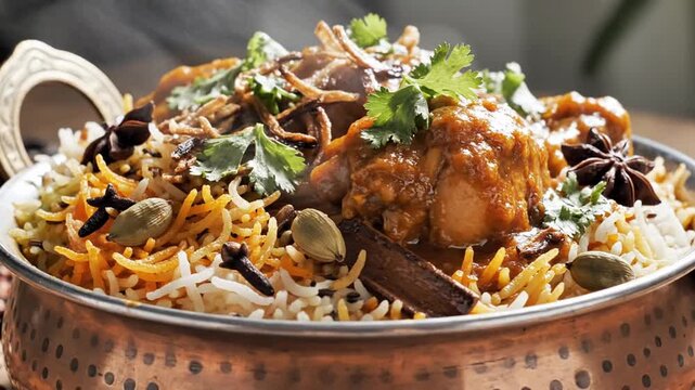 Delicious and flavorful bowl of traditional Indian chicken biryani garnished with fresh herbs and spices